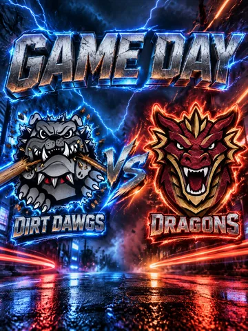 The same Dirt Dawgs vs Dragons game day graphic after the upgrade, with neon lighting and wet-street reflections
