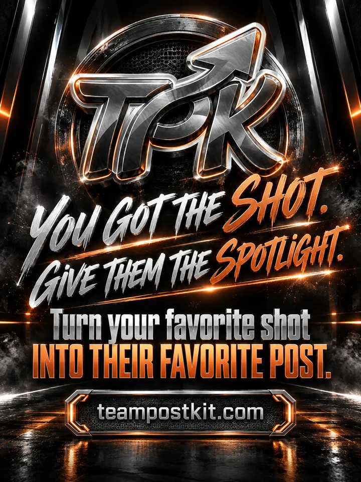 Chrome Team Post Kit logo with orange lighting: You got the shot. Give them the spotlight. Turn your favorite shot into their favorite post. teampostkit.com