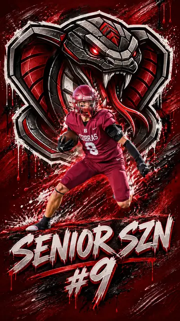 Football phone wallpaper of a Cobras player, number 9, running with the ball in front of a giant chrome-and-red cobra logo, with SENIOR SZN #9 in brush lettering