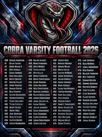 AI-generated varsity football roster graphic listing every player in four columns under a cobra logo