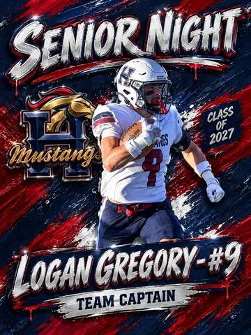 Senior Night football poster for Logan Gregory, number 9, Mustangs team captain, Class of 2027
