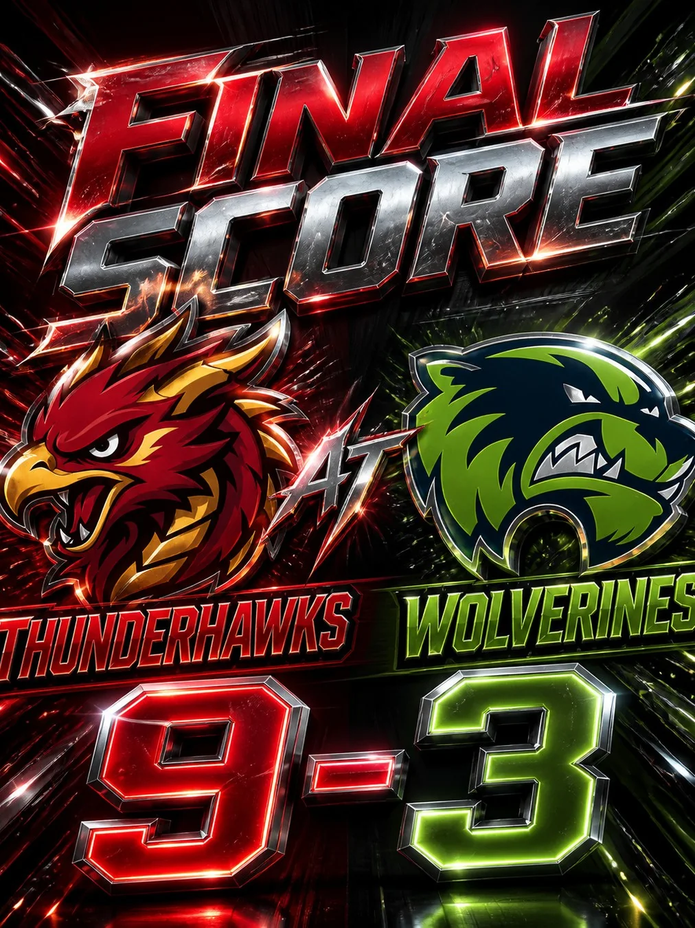 Final score graphic showing Thunderhawks 9 and Wolverines 3 with both team logos