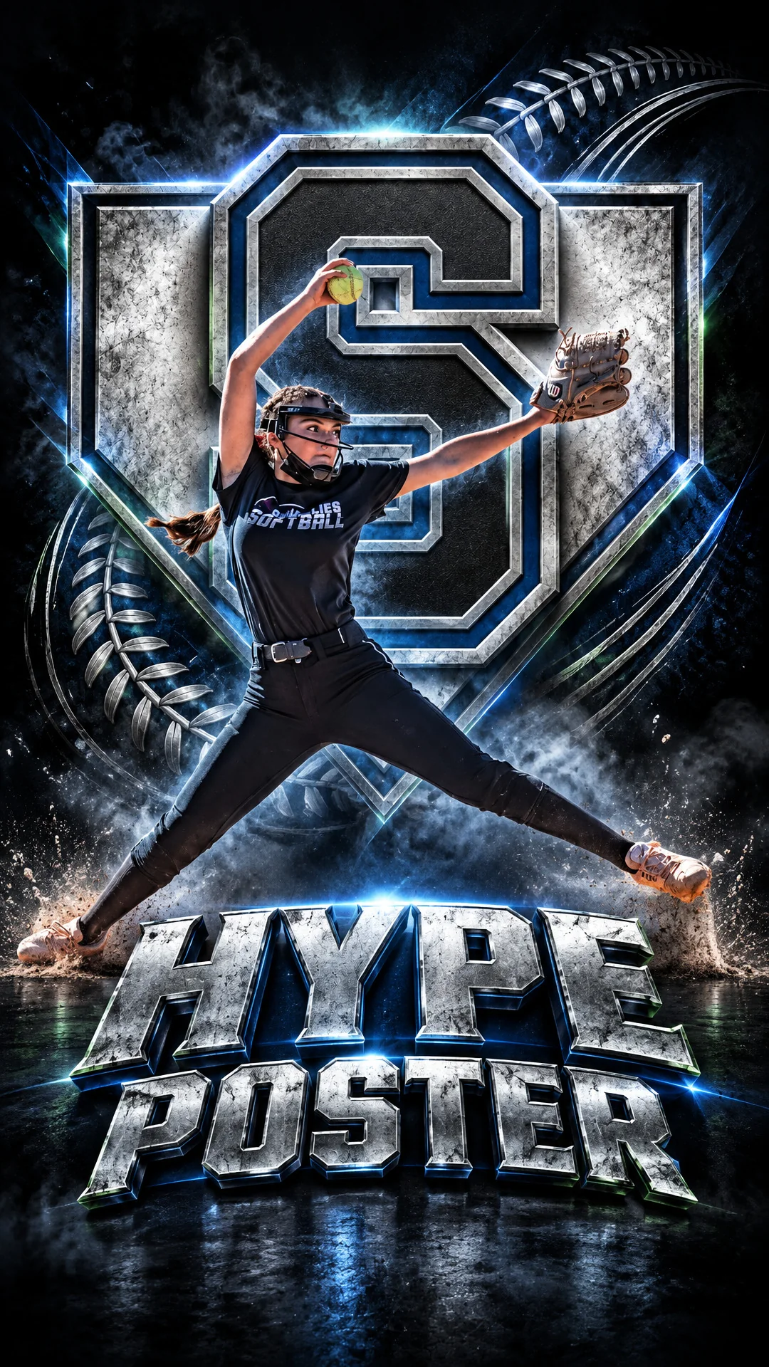Softball phone wallpaper of a pitcher mid-windmill in front of a chrome team logo with a blue glow