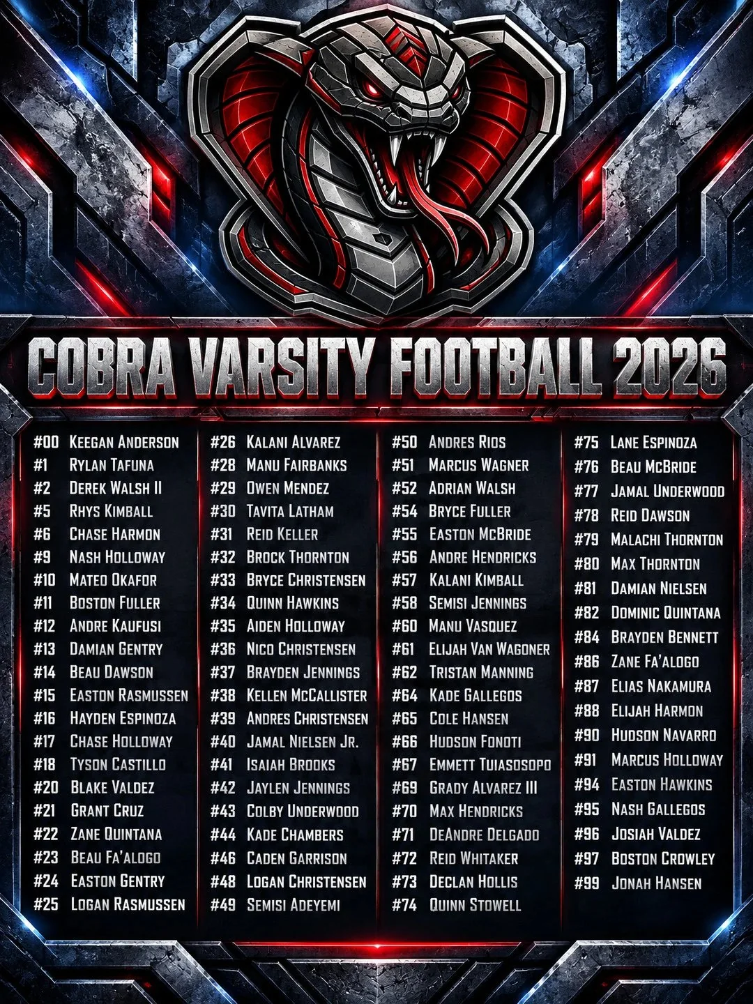AI-generated varsity football roster graphic listing every player in four columns under a cobra logo