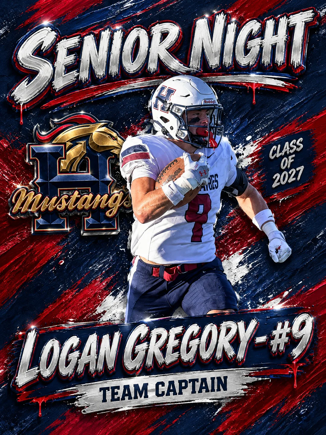 Senior Night football poster for Logan Gregory, number 9, Mustangs team captain, Class of 2027
