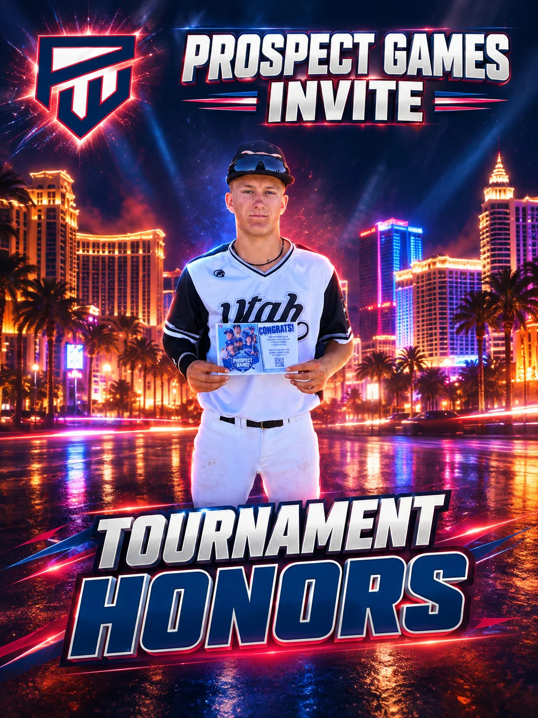 Tournament award graphic with the athlete lifted from a phone photo onto a designed backdrop, event logo in the top corner